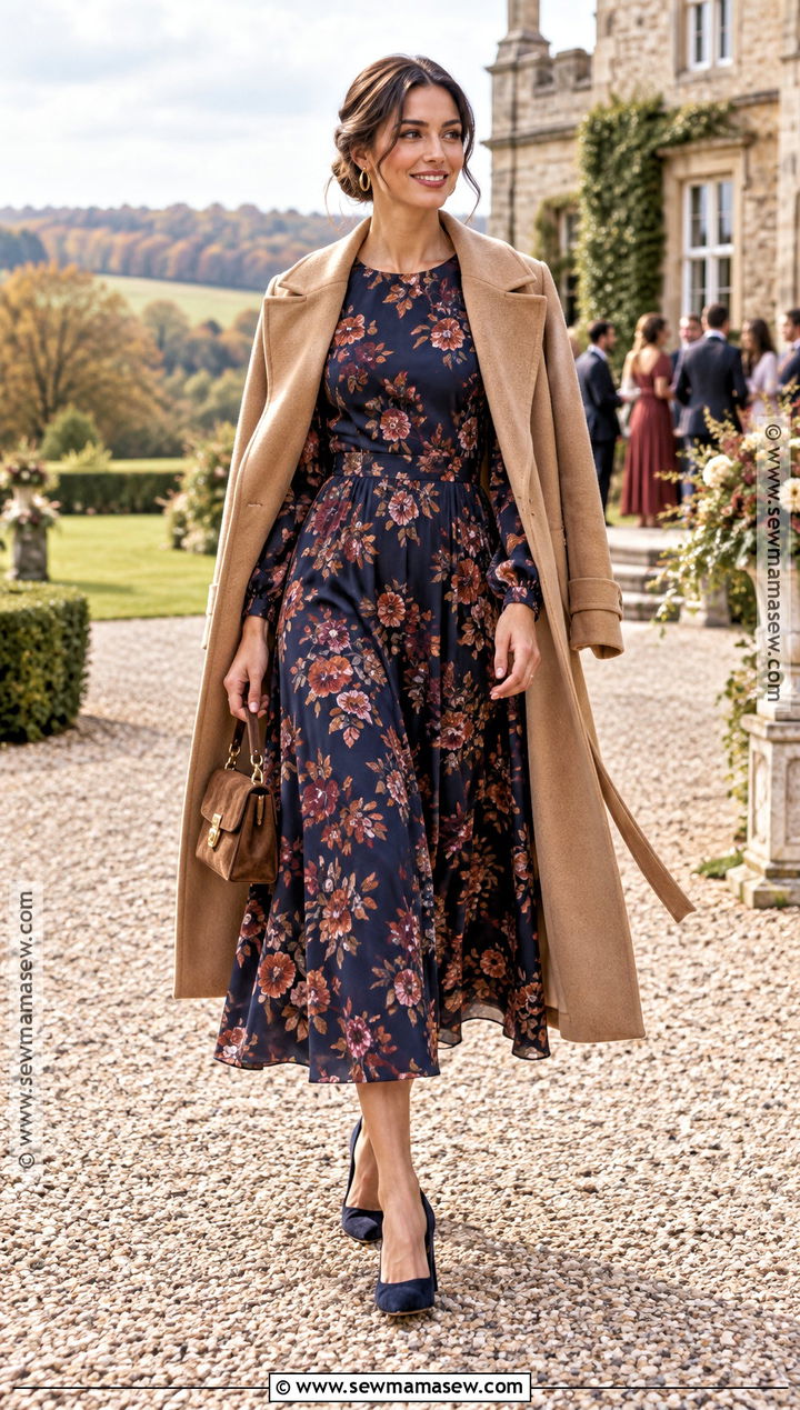 Navy Long Sleeve Floral Dress Autumn Wedding Guest Outfit - 25 autumn wedding guest outfit ideas