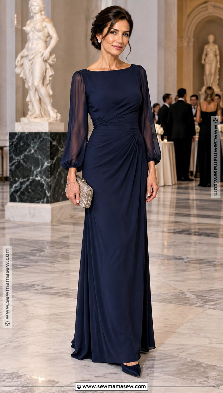 Navy Long Sleeve Gown Outfit - 15 Black Tie Optional Wedding Guest Dress Fall Ideas