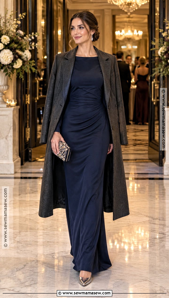 Navy Long Sleeve Gown Wedding Guest Outfit - 15 Long Dress Wedding Guest Fall Ideas