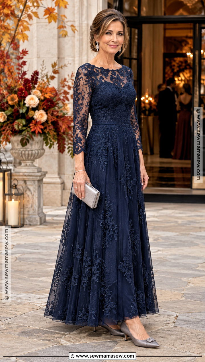 Navy Long Sleeve Lace Mother Of The Bride Dress - 20 Mother Of The Bride Dresses Fall Wedding