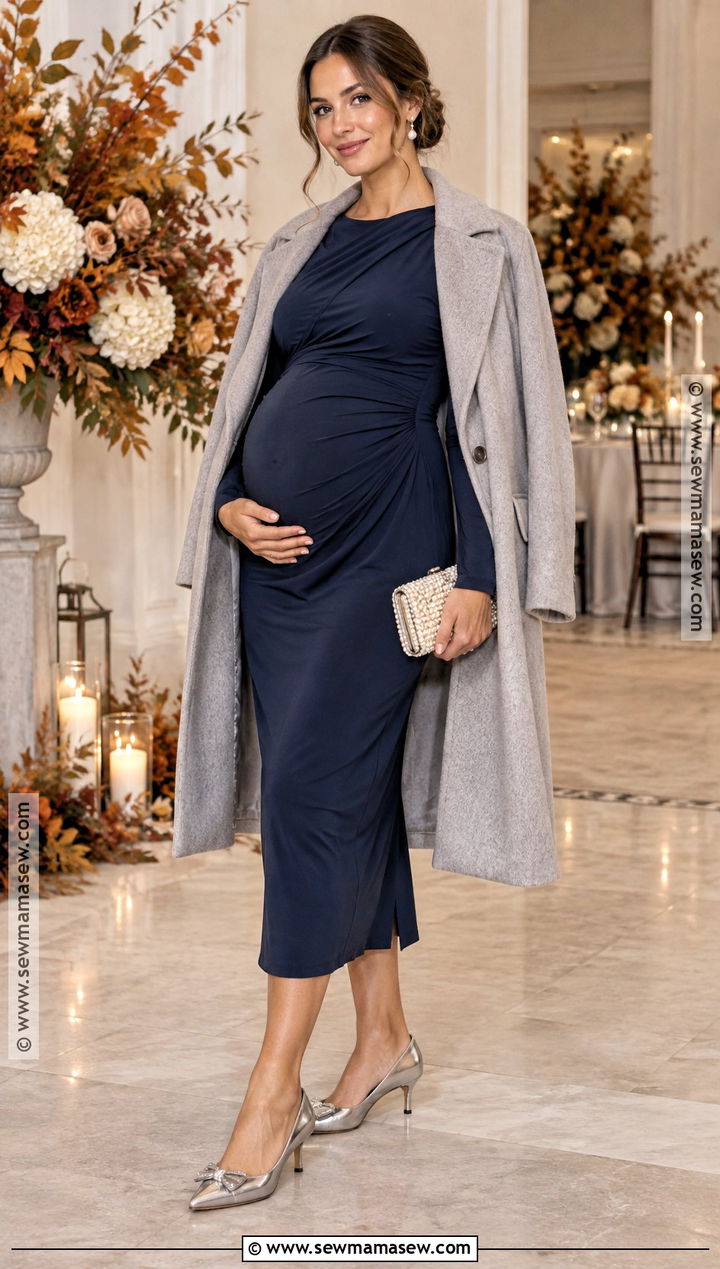 Navy Long Sleeve Maternity Midi Dress - 15 fall wedding maternity outfit guest ideas