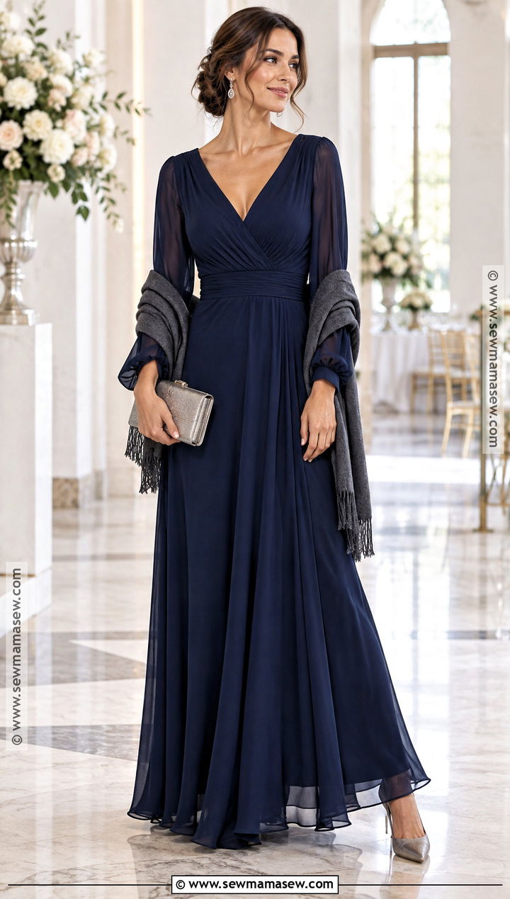 Navy Long Sleeve Maxi Dress Autumn Wedding Outfit - 15 autumn chic wedding outfit ideas