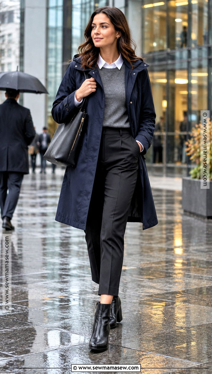 Navy Mac And Tailored Trousers Work Outfit - 20 fall outfits rainy day