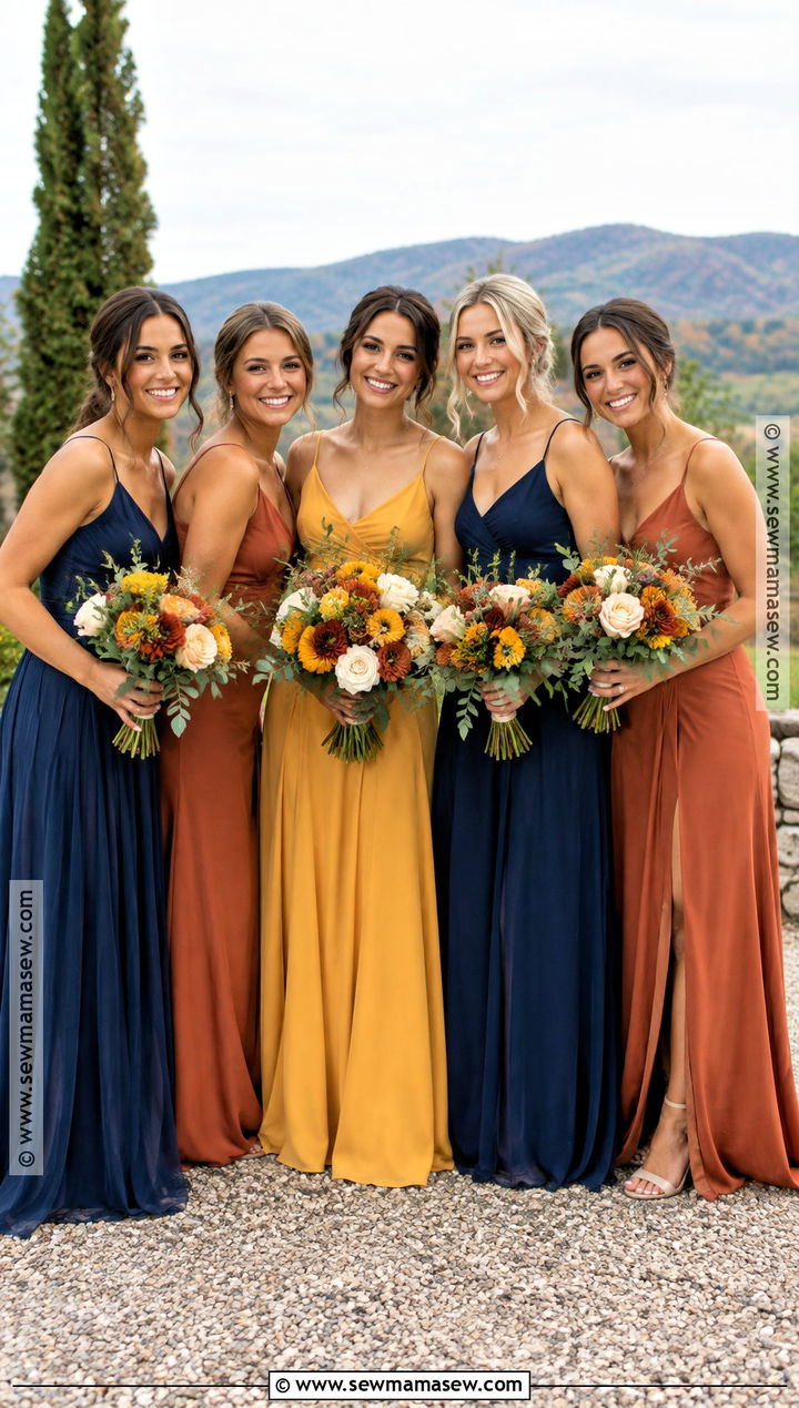 Navy Marigold And Terracotta Bridesmaid Dresses - 15 fall boho wedding color palettes bridesmaid dresses