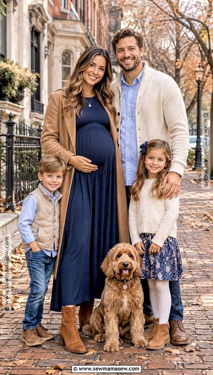 Navy Maternity Dress With A Camel Coat - 15 fall family maternity pictures outfits