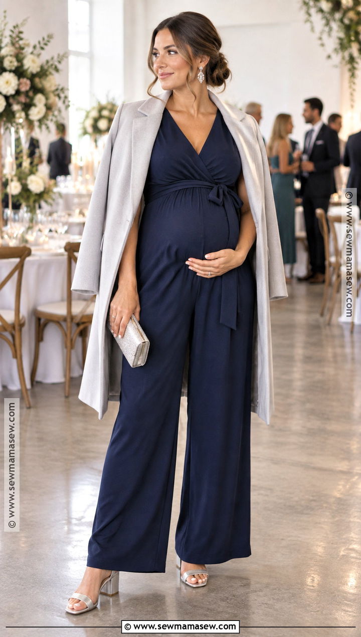 Navy Maternity Jumpsuit With Block Heels - 15 pregnant fall wedding guest outfit ideas