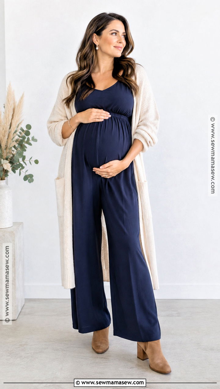 Navy Maternity Jumpsuit With a Long Cardigan - 15 fall maternity photo outfits