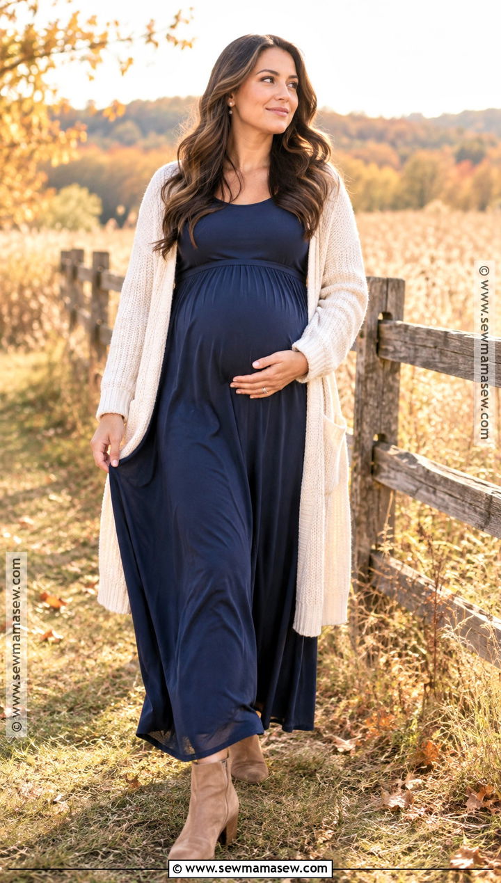 Navy Maternity Maxi Dress With Tan Boots - 20 Fall Maternity Photoshoot Outfits