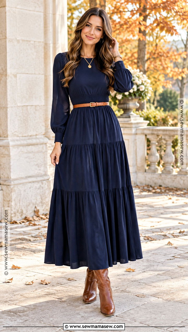 Navy Maxi Dress And Cognac Boots For Fall Family Photos - 20 Fall Dress For Family Photos Ideas