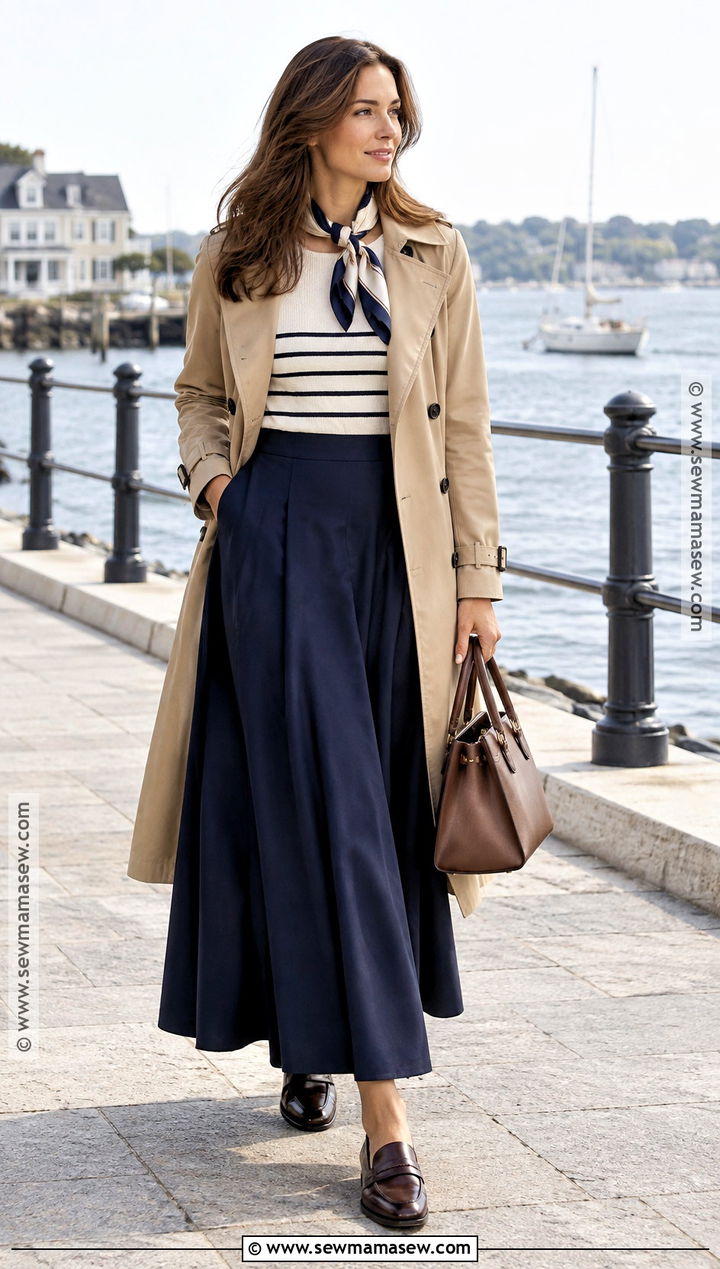 Navy Maxi Skirt With Striped Top And Trench Coat - 25 maxi skirt fall outfit ideas
