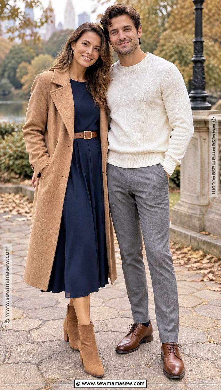 Navy Midi Dress And Camel Accessories Engagement Outfit - 20 engagement photos fall outfit ideas