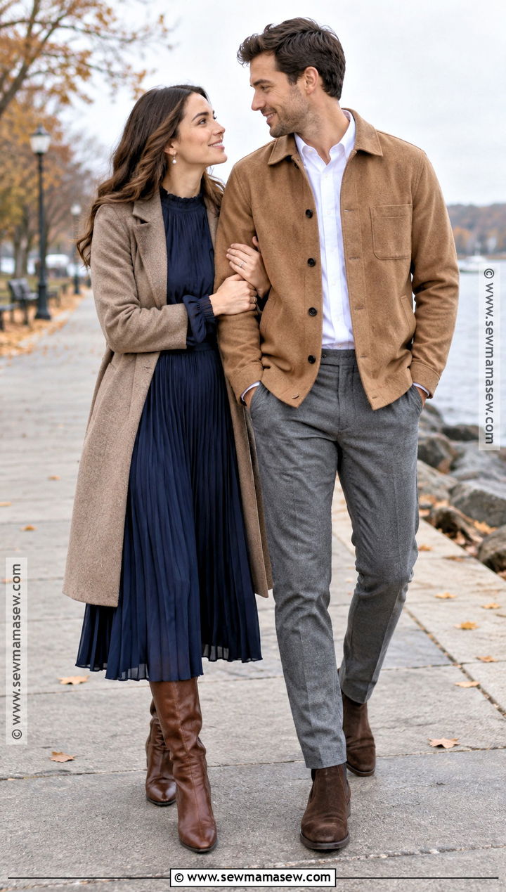 Navy Midi Dress And Taupe Coat - 20 november engagement pictures outfit ideas
