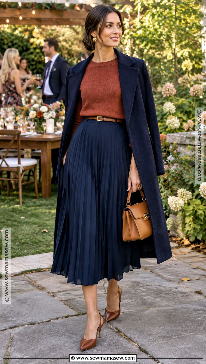 Navy Midi Skirt And Rust Sweater Fall Wedding Guest Outfit - 25 casual fall wedding outfit guest ideas