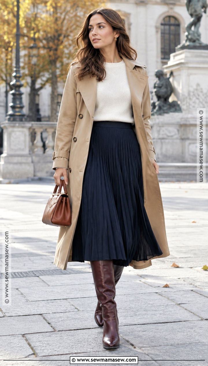 Navy Midi Skirt With Burgundy Boots - 15 fall midi skirt outfits with boots