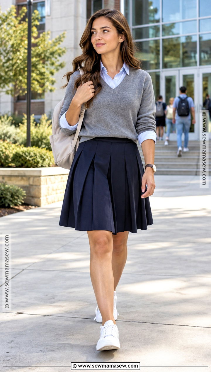 Navy Midi Skirt With Oxford Shirt And Sneakers - 25 back to school outfits skirt