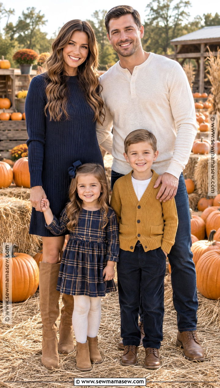 Navy Mustard and Cream Family Pumpkin Patch Outfit - 15 fall pumpkin patch outfit ideas for family