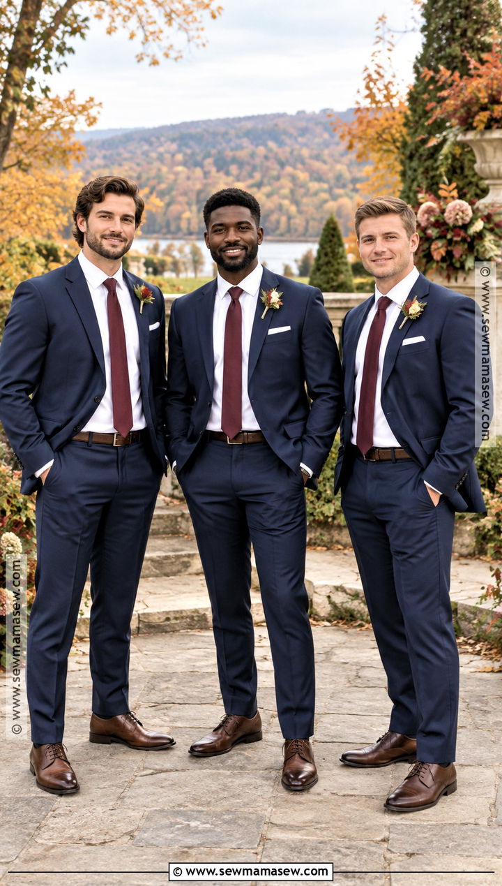 Navy October Groomsmen Suit With Burgundy Tie - 15 october groomsmen attire ideas