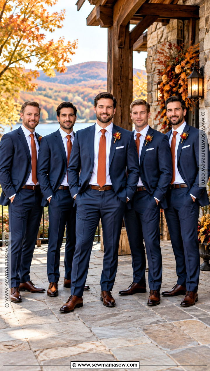 Navy October Groomsmen Suit With Burnt Orange Tie - 15 october groomsmen attire ideas