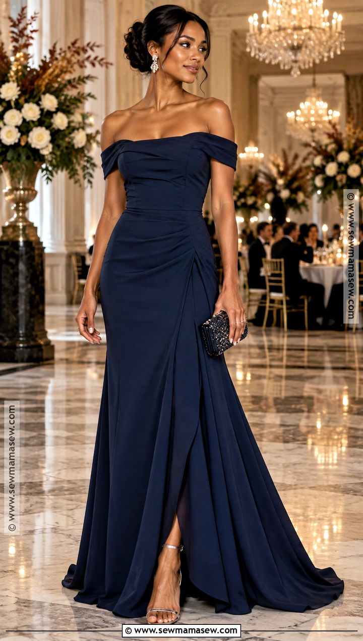 Navy Off Shoulder Crepe Gown - 15 Fall Wedding Guest Dress Off Shoulder Ideas