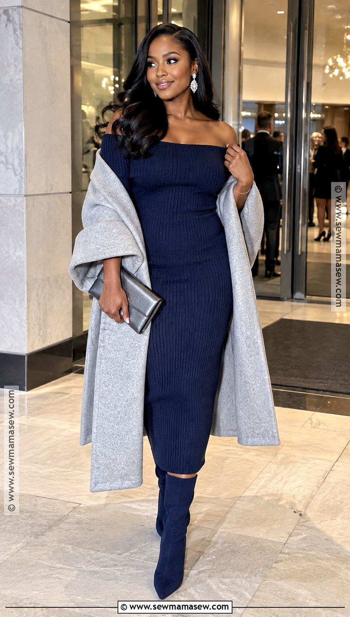 Navy Off Shoulder Knit Dress Outfit - 15 fall date night outfit black women dresses
