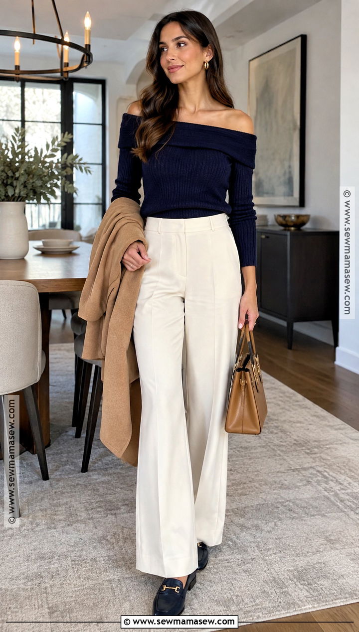 Navy Off The Shoulder Top With Cream Pants - 15 thanksgiving outfit off the shoulder ideas