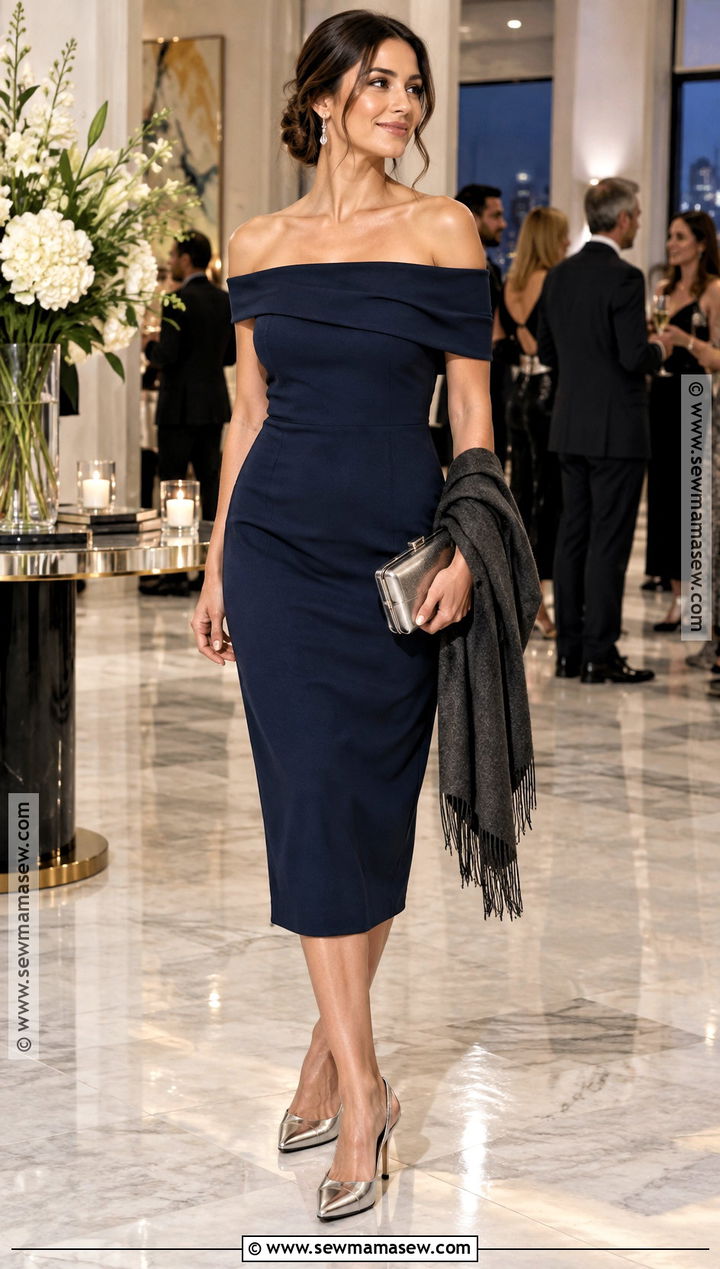 Navy Off the Shoulder Midi Fall Cocktail Outfit - 20 Fall Cocktail Attire Ideas for Women