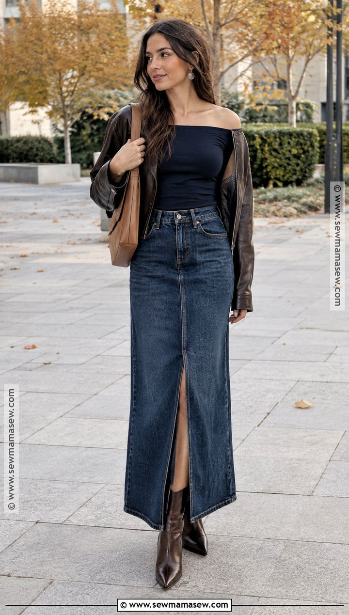 Navy Off the Shoulder Top With Denim Maxi Skirt - 15 off-the-shoulder top fall fashion ideas