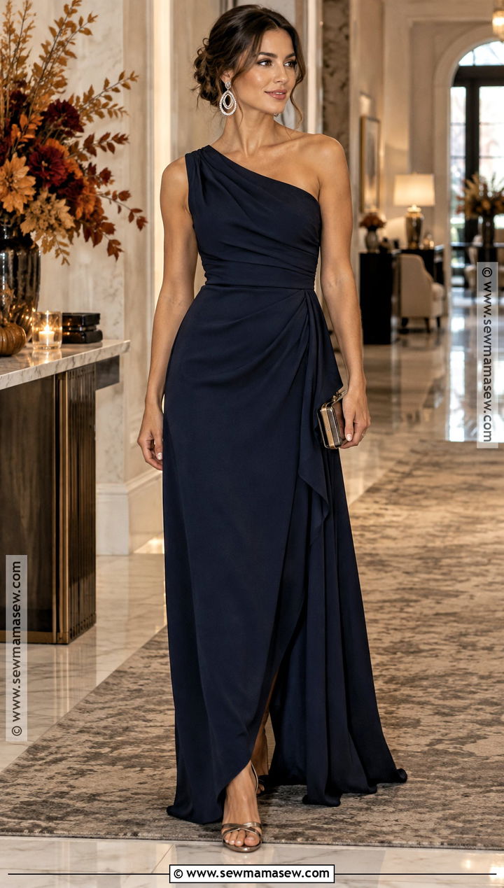 Navy One Shoulder Gown Fall Wedding Guest Outfit - 20 fall formal wedding guest attire ideas