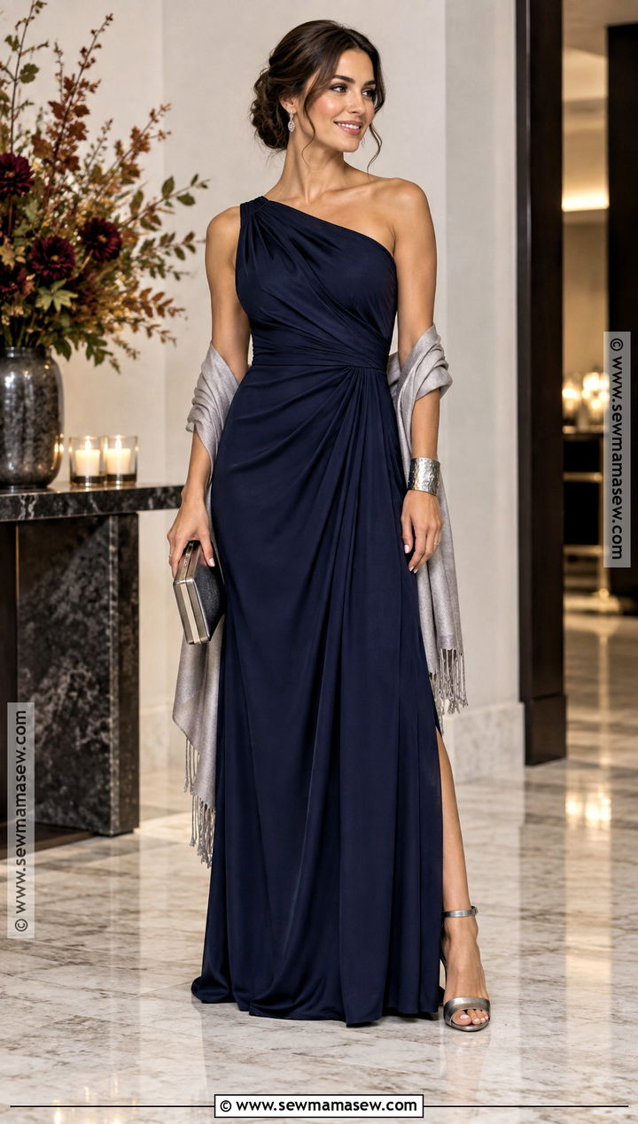 Navy One Shoulder Maxi Dress - 20 fall party dress ideas