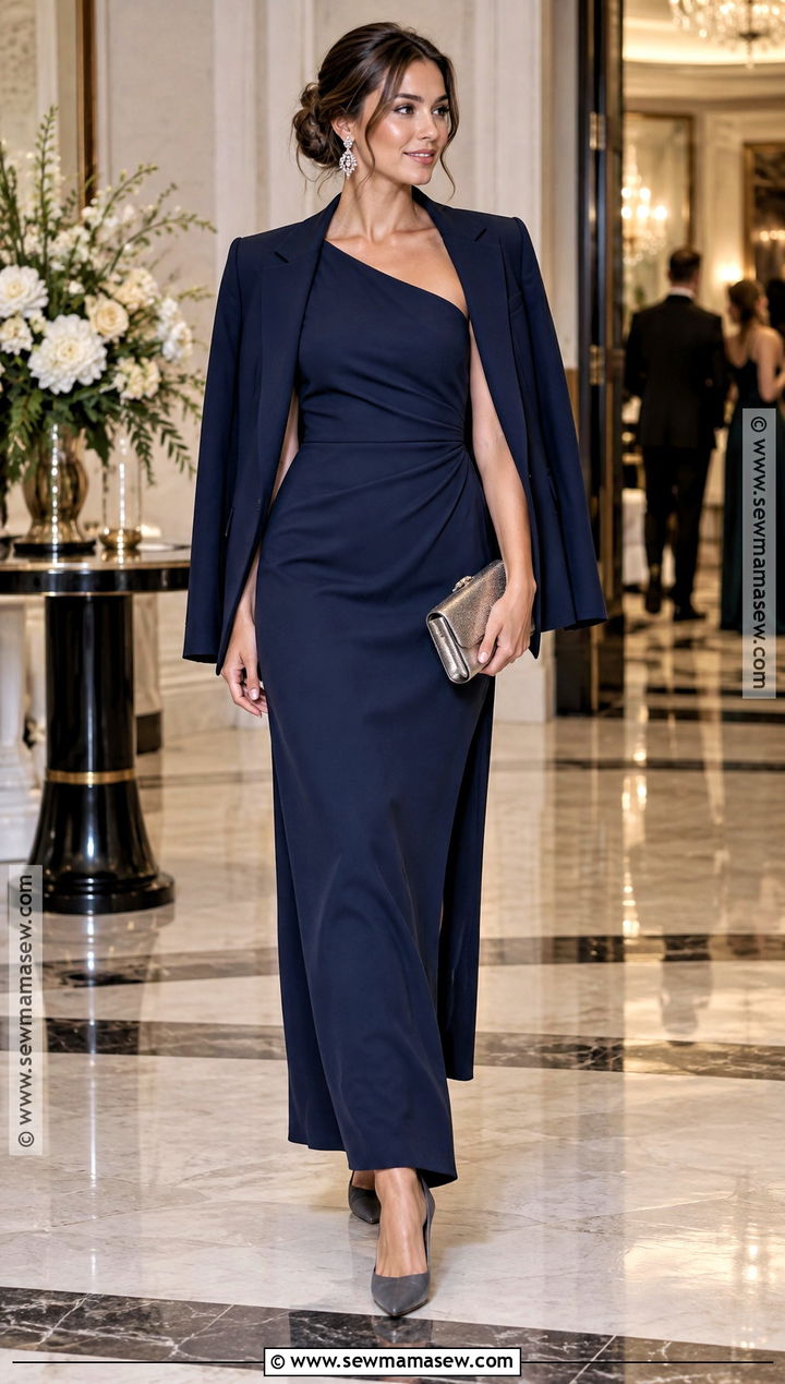 Navy One Shoulder Wedding Guest Outfit - 20 wedding guest autumn outfit ideas
