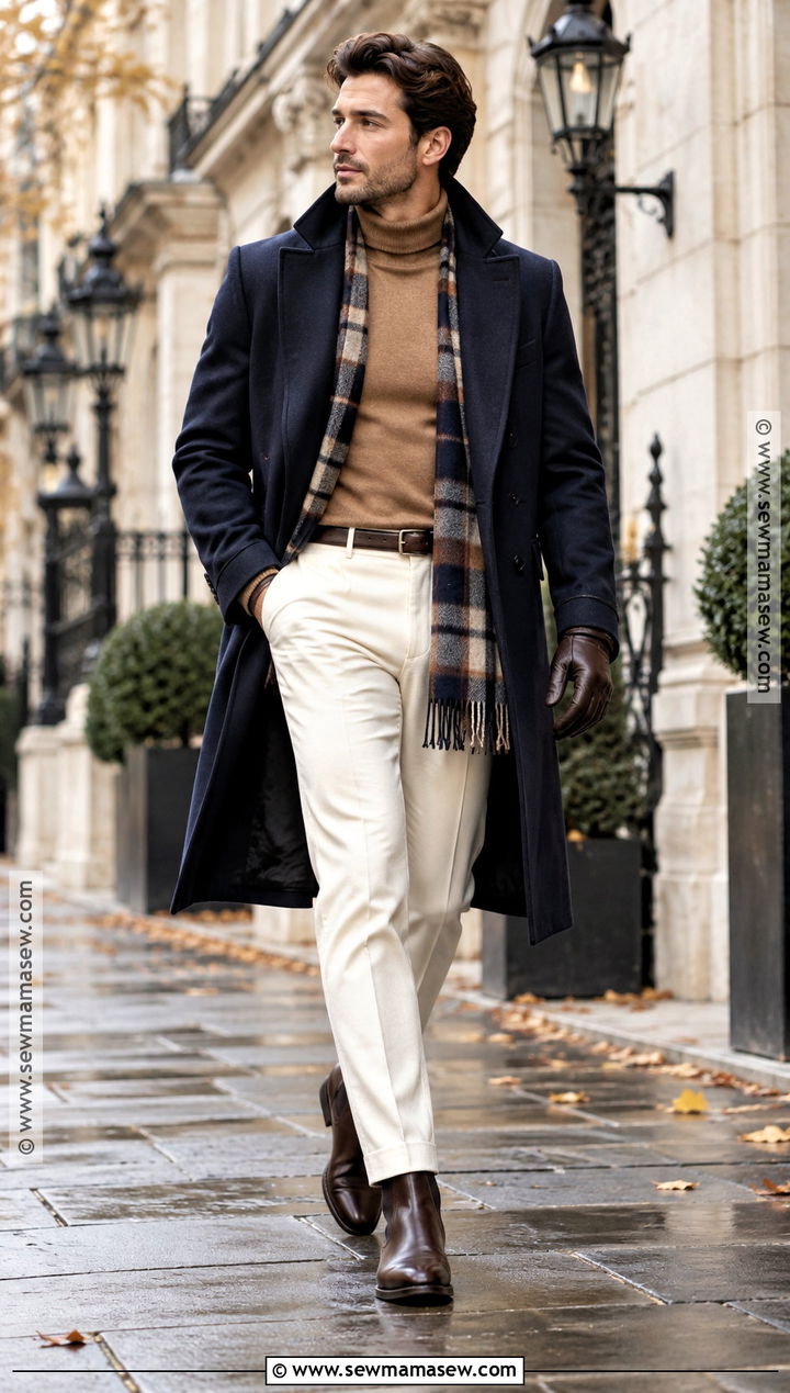 Navy Overcoat And Cream Trousers Fall Outfit - 20 old money fall outfits for men