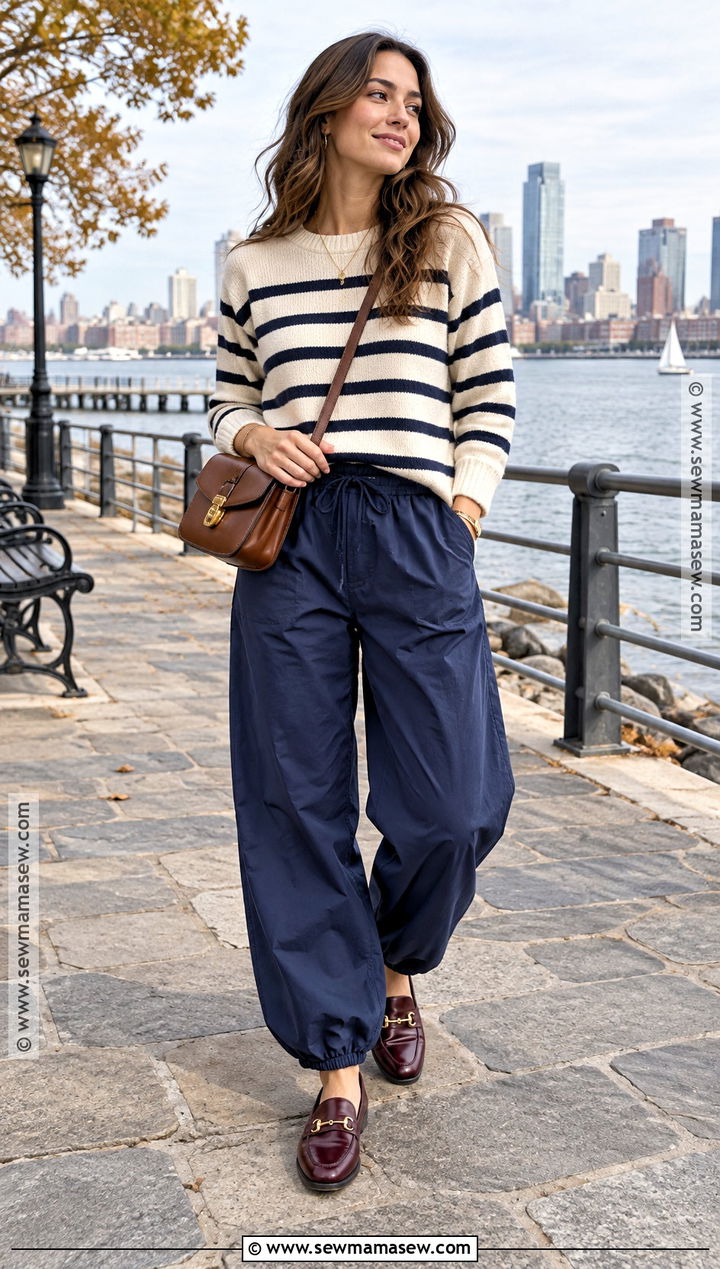 Navy Parachute Pants With Striped Sweater - 15 Fall Outfits Parachute Pants