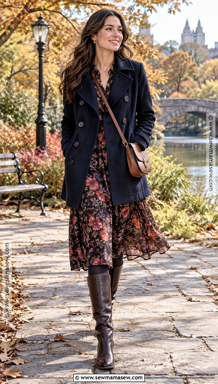 Navy Pea Coat With A Floral Midi Dress And Boots - 15 fall pea coat outfit ideas