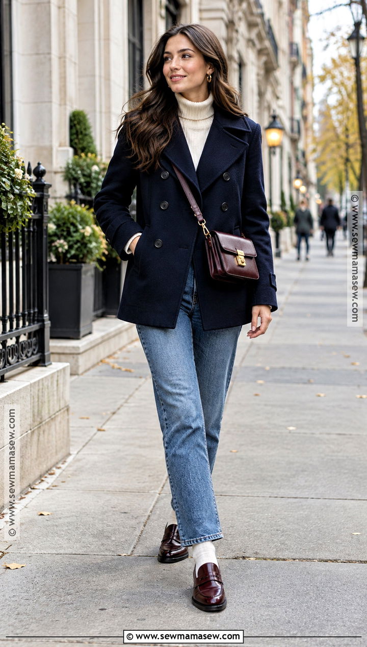 Navy Pea Coat With Straight Leg Jeans And Loafers - 15 fall pea coat outfit ideas