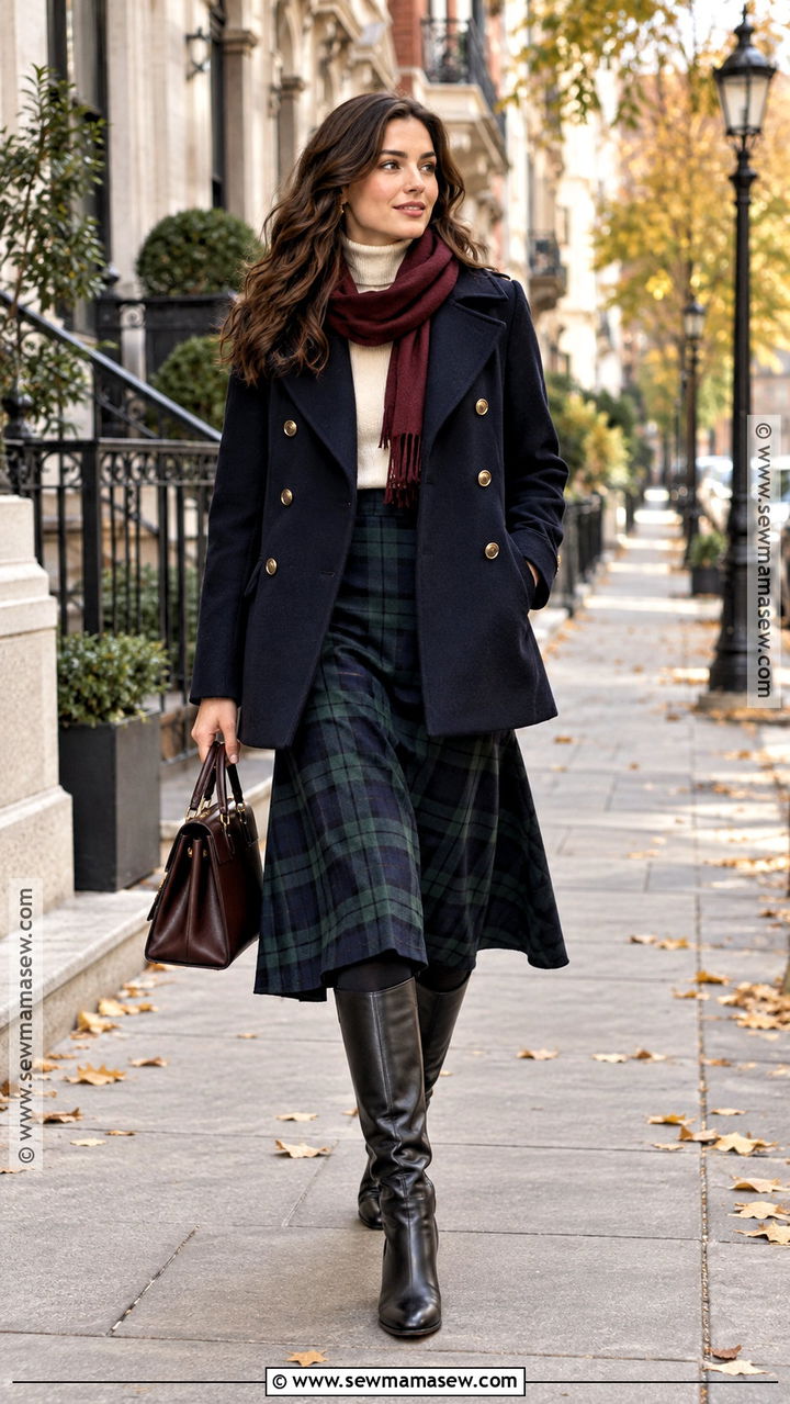 Navy Peacoat And Plaid Skirt Dark Academia Outfit - 20 Autumn Dark Academia Outfits