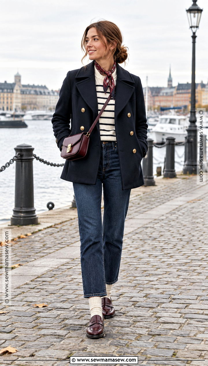 Navy Peacoat And Striped Sweater Euro Fall Outfit - 25 euro fall outfits