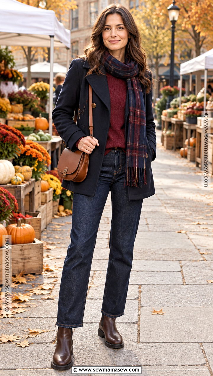 Navy Peacoat With Burgundy Sweater And Jeans - 20 Navy Fall Outfits