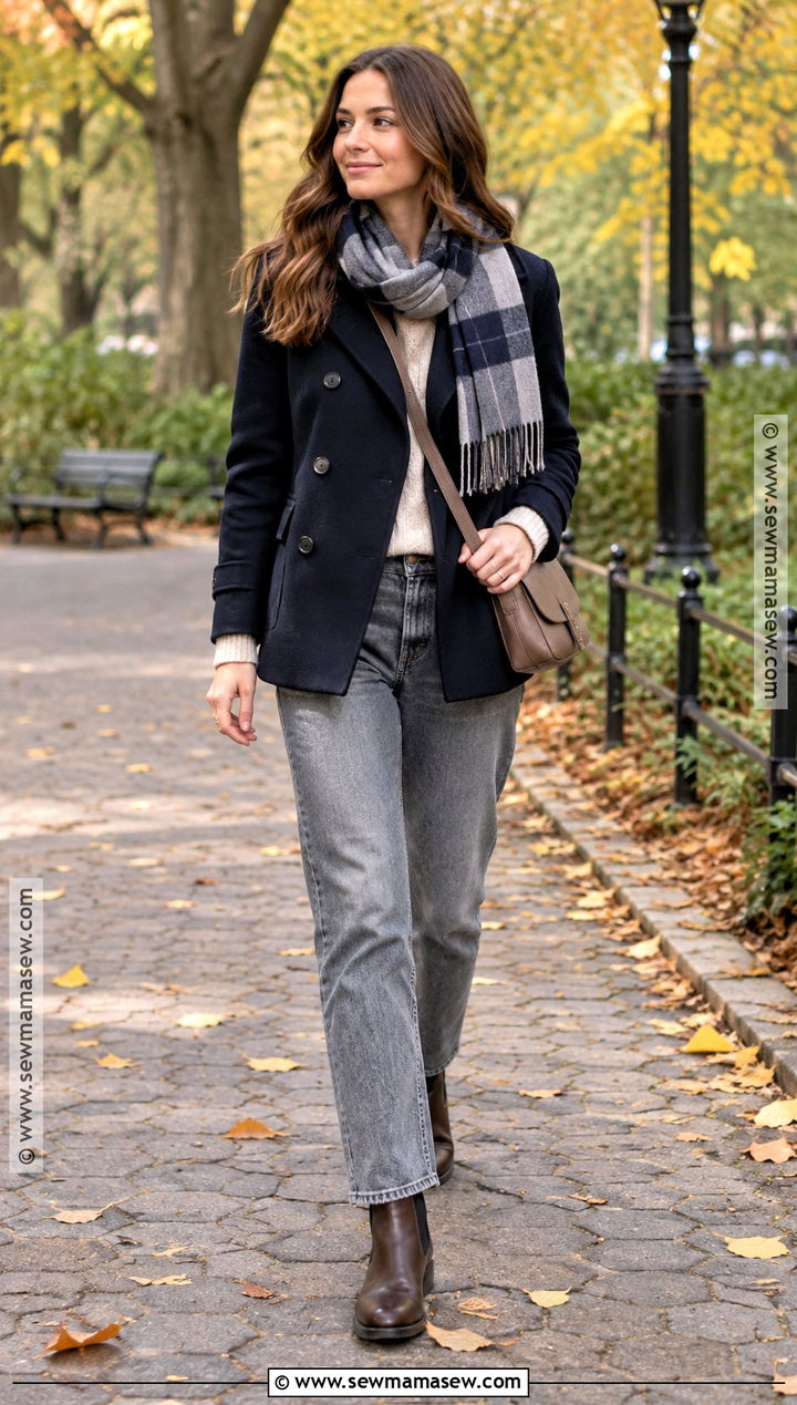 Navy Peacoat With Gray Jeans - 20 Navy Autumn Outfit Ideas