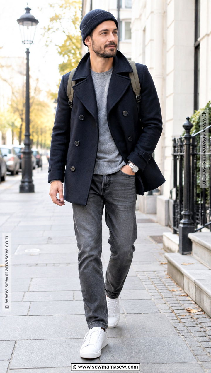 Navy Peacoat With Gray Jeans - 15 autumn coat ideas for men