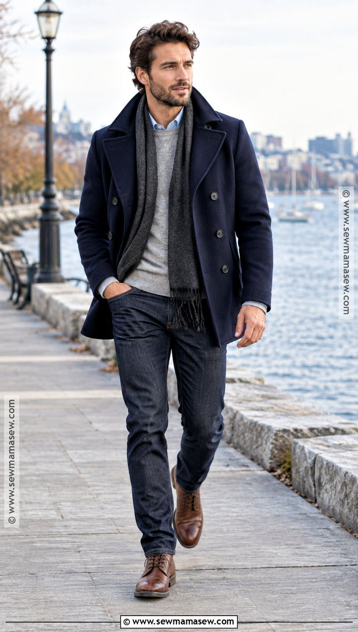 Navy Peacoat With Gray Sweater - 15 fall photoshoot men outfits