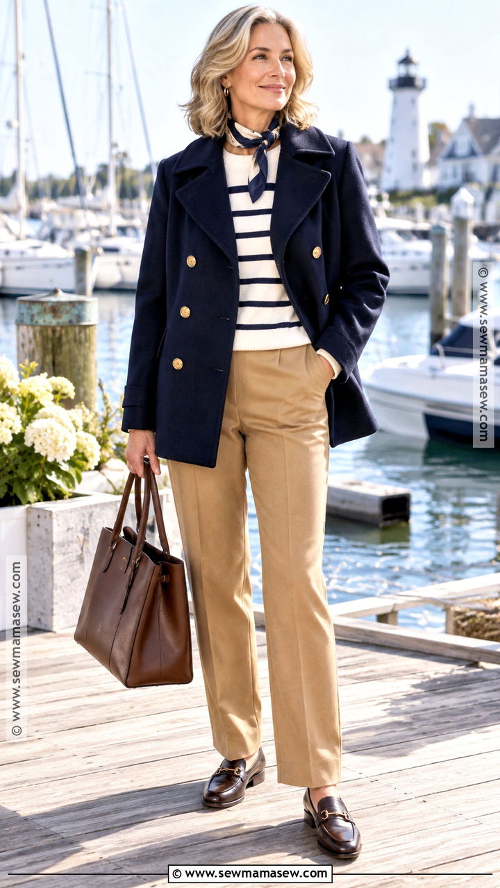 Navy Peacoat With Striped Sweater And Trousers - 20 Coat Fall Outfit Ideas