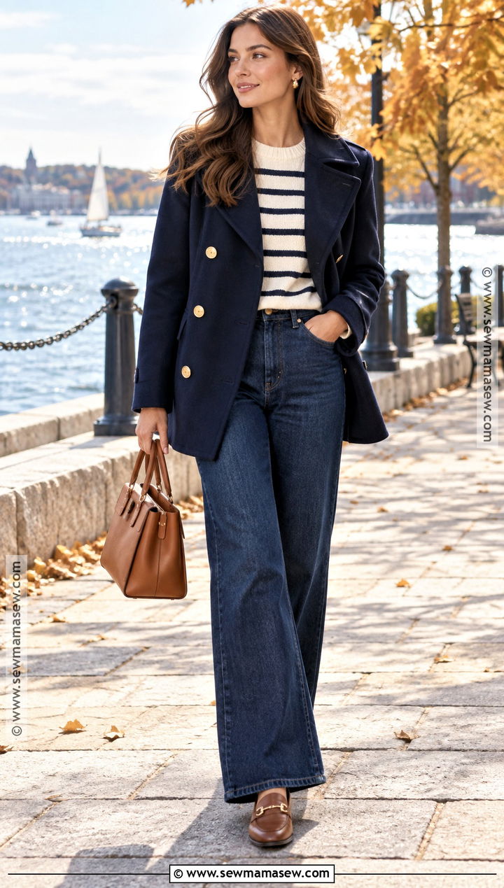 Navy Peacoat With Striped Sweater And Wide Leg Jeans - 20 fall coat outfits