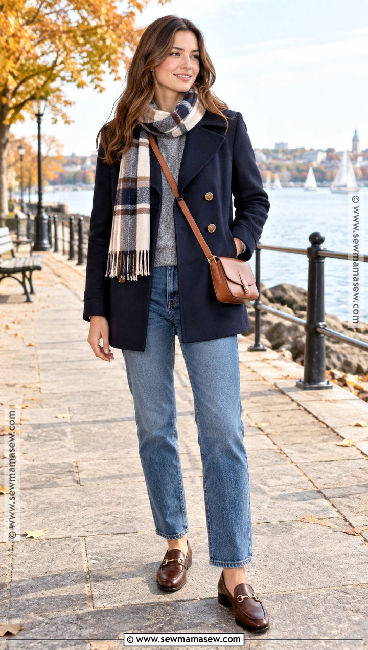 Navy Peacoat With Sweater And Straight Jeans - 20 autumn outfits coat