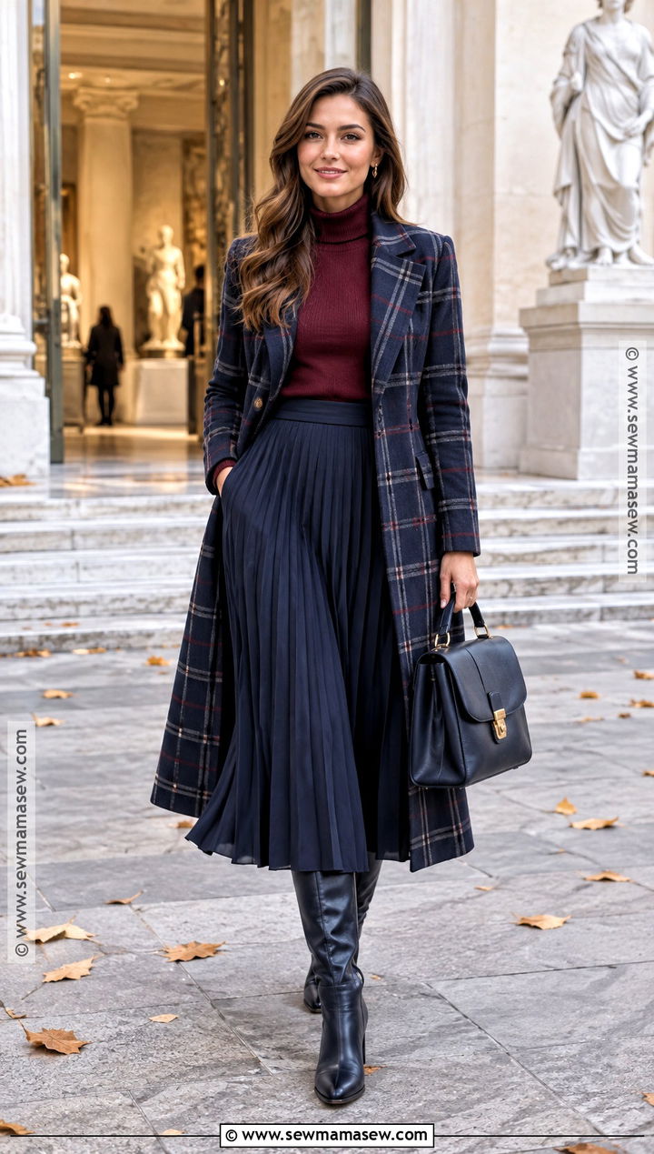 Navy Plaid Coat With a Pleated Skirt - 15 plaid fall coat ideas