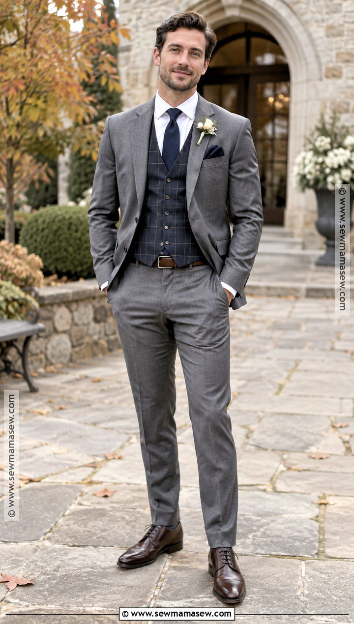 Navy Plaid Groom Vest With Gray Suit - 15 fall groom attire vest ideas