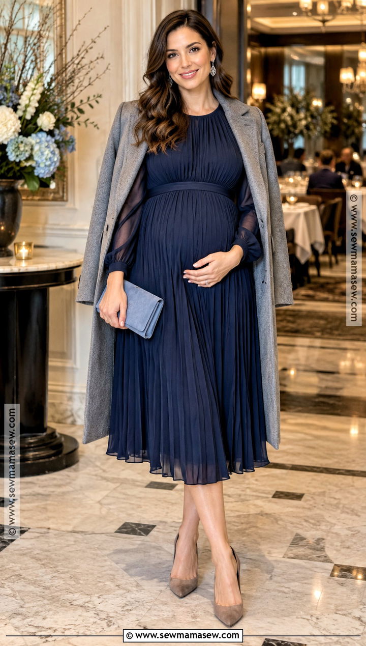 Navy Pleated Chiffon Midi Dress Outfit - 15 fall baby shower dress guest ideas