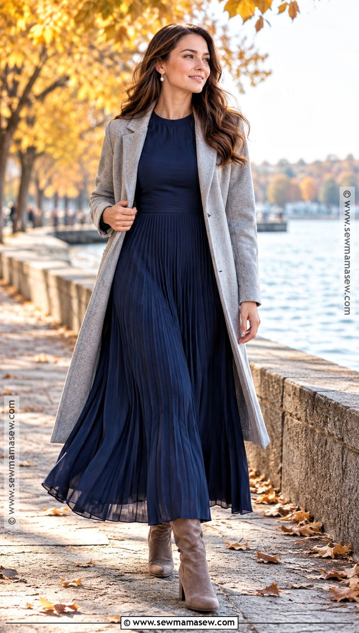 Navy Pleated Dress for Fall Engagement Photos - 15 engagement photo dress fall ideas