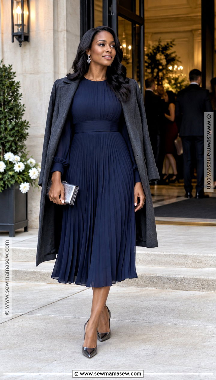 Navy Pleated Fall Wedding Guest Outfit - 15 fall wedding guest outfit ideas for black women