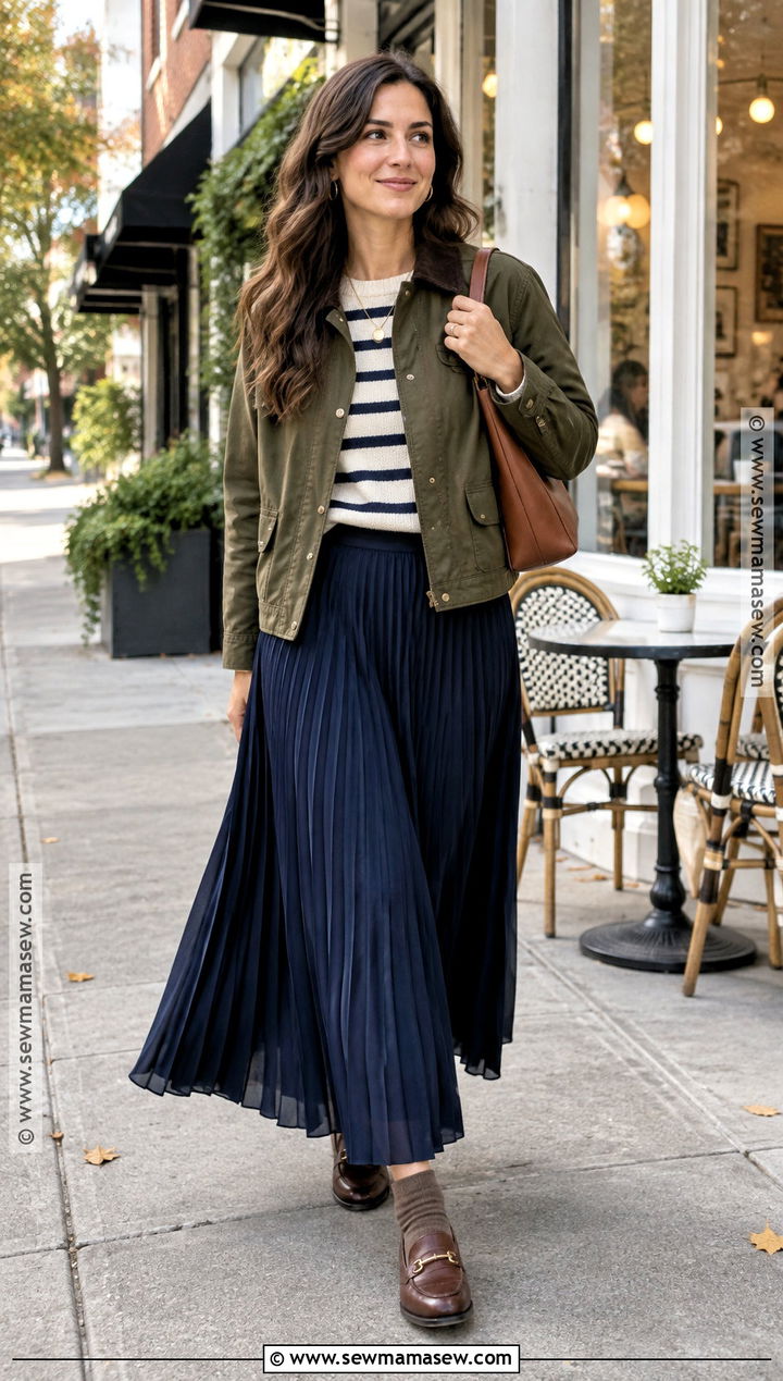 Navy Pleated Long Skirt Outfit With Barn Jacket - 25 fall long skirt outfits