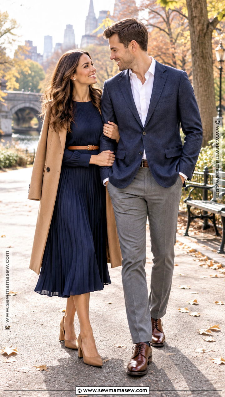 Navy Pleated Midi Dress With Tan Accessories - 15 engagement photos outfits fall dresses
